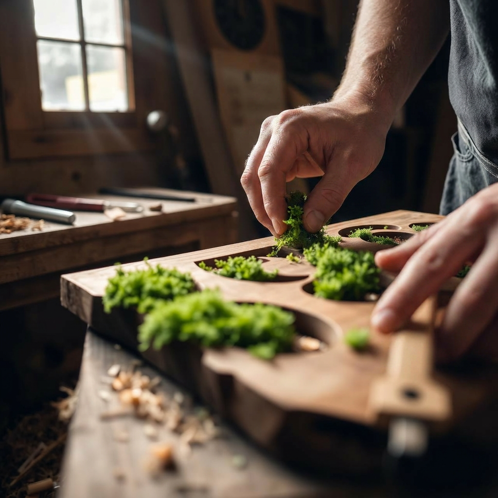 Artisan placing preserved moss into walnut panel