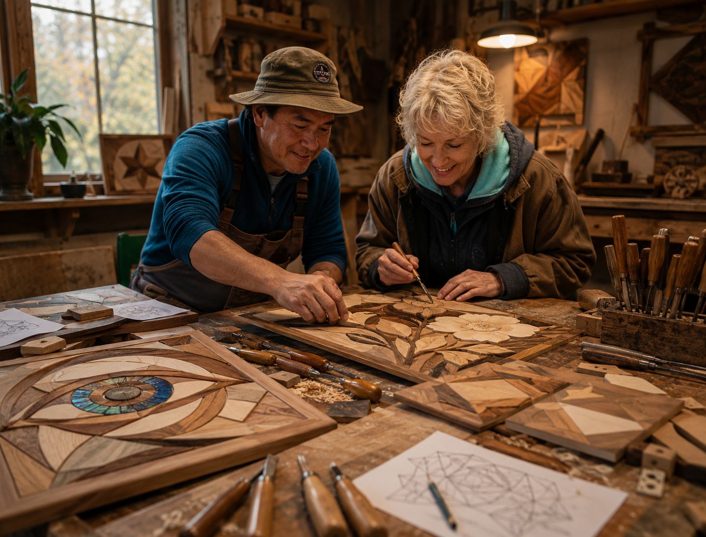 Boris and Victoria carving an intarsia floral panel together in the MossArtum workshop